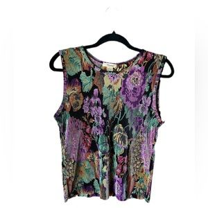 Plisse Vintage Ribbed Tank Top Stretchy Black Purple Floral Size Large